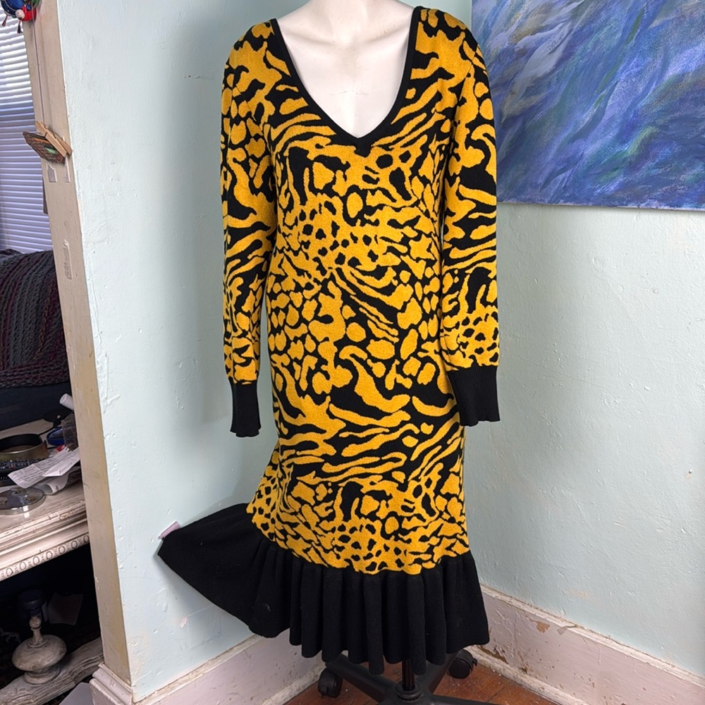 VINTAGE Retro 80s yellow black cheetah print sweater dress plus size 3X